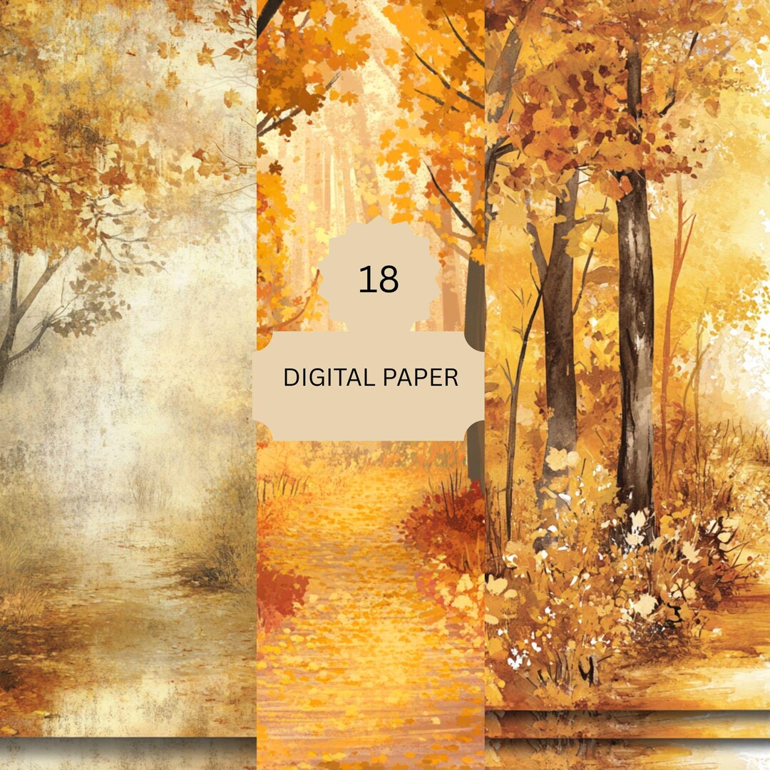 Golden Autumn Forest Digital Paper - Fall Trees, Leaves and Paths ...