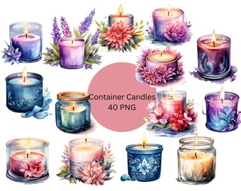 Watercolor Container Candles Clipart, PNG digital files on a transparent background, scrapbook, invitations