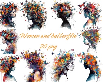 Watercolor Women and Butterfly, Clipart, PNG digital files on transparent background,  commercial use, instant download