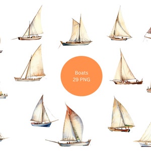 29 Boats Watercolor Clipart, Sailing Clipart, PNG individual images on transparent background, sublimation, commercial use