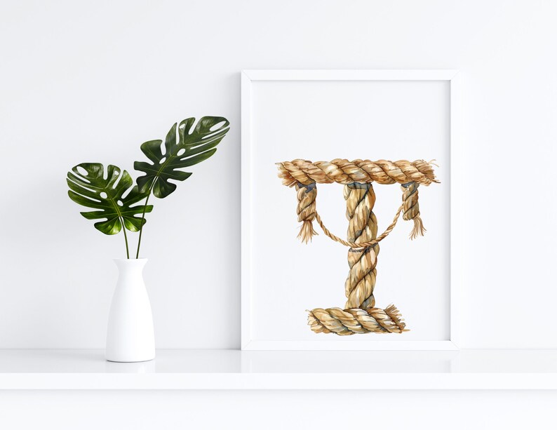 May include: A watercolor illustration of the letter "T" made from rope. The rope is brown and beige and has a textured appearance. The letter is framed in a white frame and is set against a white background.