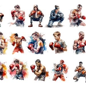 Acuarela Boxeo Poses Clipart, imágenes PNG, fondo transparente, alta calidad, imágenes prediseñadas, 12x12, uso comercial, descarga instantánea