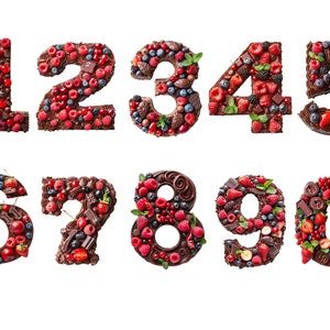 Watercolor Chocolate Fruit Numbers , PNG individual images on transparent background, sublimation, commercial use