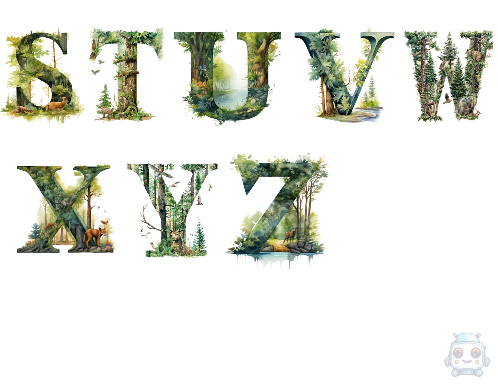 Transparent Forrest Lettering Watercolor Forest Alphabet Clipart, PNG Individual Images on ...