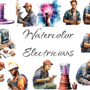 Clipart de eletricistas em aquarela, eletricista png, arquivos digitais PNG em um fundo transparente, álbum de recortes, uso comercial, download instantâneo