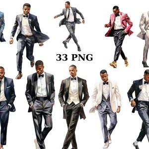 Aquarela 33 homens negros de smoking clipart, homens de cor, bola de tênis, imagens PNG individuais em fundo transparente, sublimação