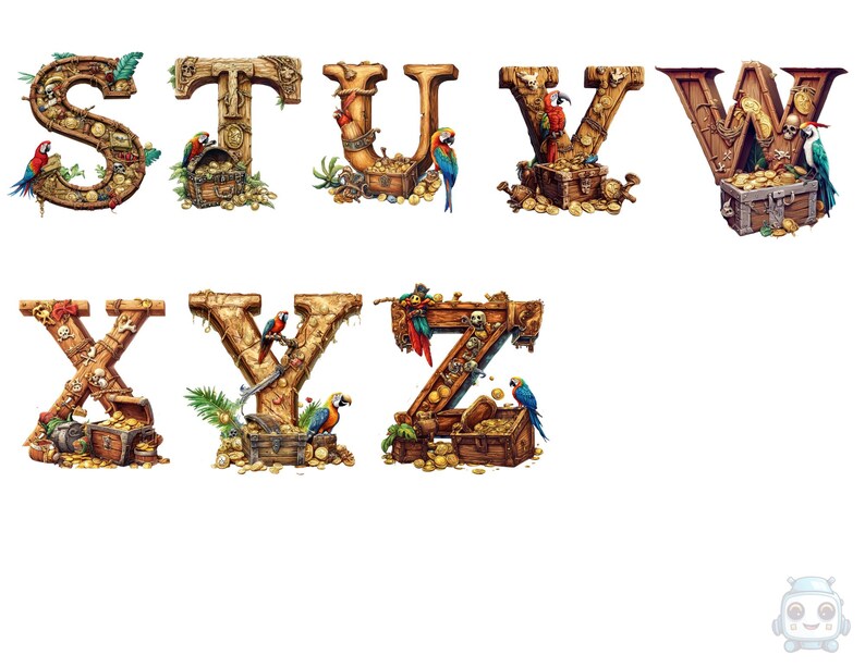 Treasure Lettering Pirate Treasure Alphabet Clipart - Parrot & Gold Letters PNG Individual ...