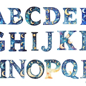 Celestial Moon and Stars Alphabet Clipart - Cosmic Galaxy Letters Set, individuele PNG-afbeeldingen op transparante achtergrond, commercieel gebruik