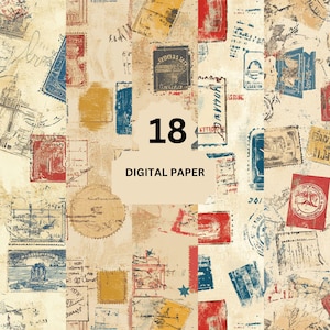 Carta digitale con francobolli da viaggio vintage: 18 sfondi retrò per passaporti e timbri postali per diari e scrapbooking