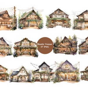 37 rustikale Veranstaltungsorte Aquarell Clipart, Hochzeitscliparts, PNG-Einzelbilder auf transparentem Hintergrund, Sublimation, kommerzielle Nutzung
