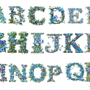 Alphabet myosotis Clipart aquarelle, clipart floral, fichiers numériques PNG sur fond transparent, sublimation, usage commercial