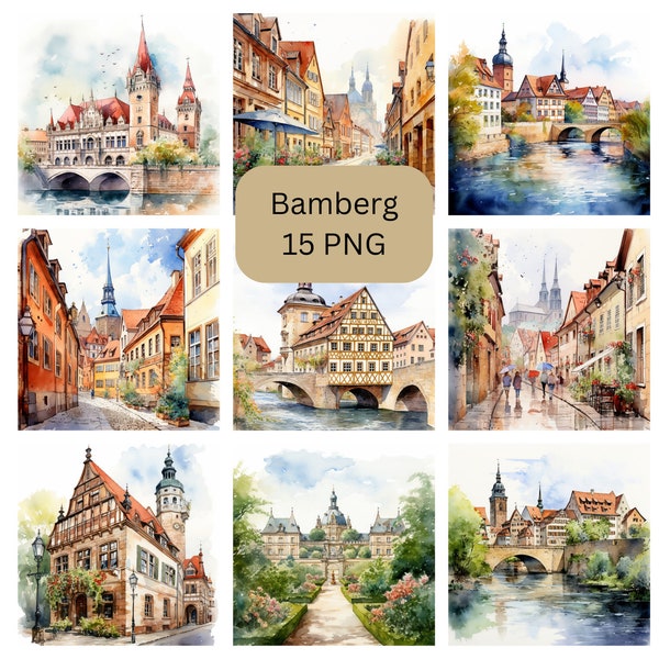 Watercolor Bamberg Clipart, beautiful Germany PNG, digital files on transparent background, commercial use