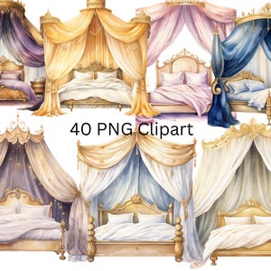40 Princess Bed Watercolor  Clipart, PNG individual images on transparent background, sublimation, commercial use