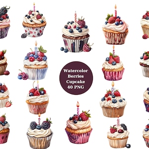 Aquarell 40 Beeren Cupcake Clipart, Beeren Cupcake, Geburtstag, PNG Einzelbilder auf transparentem Hintergrund, Sublimation
