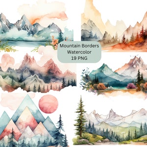 Acquerello Mountain Borders Clipart, file digitali PNG su sfondo trasparente, sublimazione, clipart
