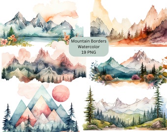 Aquarell Berg Borders Clipart, PNG digitale Dateien auf einem transparenten Hintergrund, Sublimation, Clipart