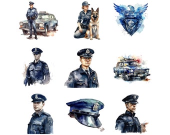 Police Officer Bundle, Watercolor, 24 PNG images, Clipart, Junk Journal, Paper Crafts Scrapbooking, Transparent background, Commercial Use