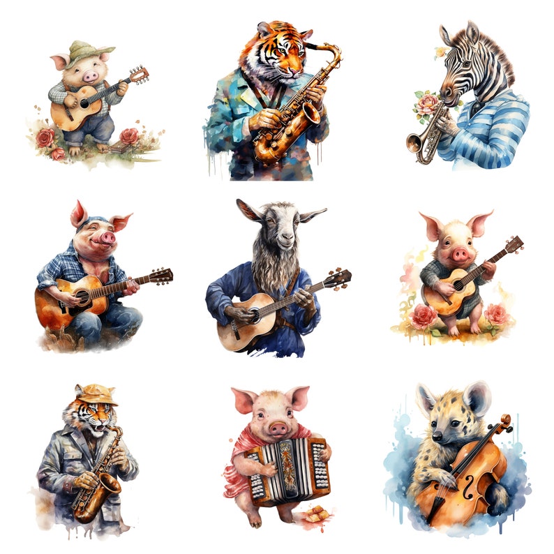 Craftable Instruments Animals Watercolor Animals Playing Instruments Clipart, PNG Digital Files on ...