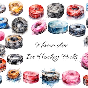 Aquarel Ice Hockey Pucks Clipart, digitale PNG-bestanden op transparante achtergrond, plakboek, uitnodigingen, commercieel gebruik, instant download