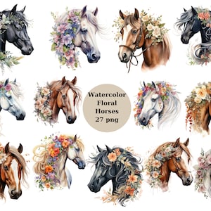 Aquarel bloemen paarden clipart, individuele PNG-afbeeldingen op transparante achtergrond, sublimatie, commercieel gebruik