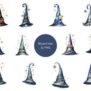 31 Chapéus de feiticeiro clipart aquarela, clipart fantasia, imagens individuais PNG em fundo transparente, sublimação