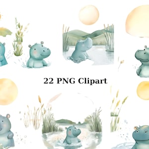 22 imágenes prediseñadas de acuarela de hipopótamos para niños, imágenes prediseñadas de animales, imágenes PNG individuales sobre fondo transparente, sublimación