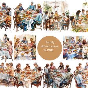 17 Familien Abendessen Szenen Aquarell Clipart, Familien Clipart, PNG einzelne Bilder auf transparentem Hintergrund, Sublimation