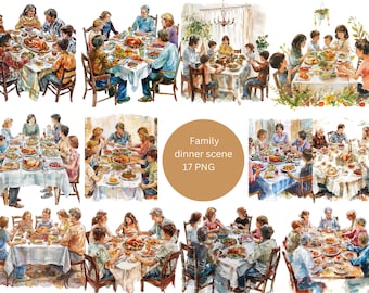 17 Family Dinner Scenes Watercolor Clipart, Family Clipart, PNG individual images on transparent background, sublimation