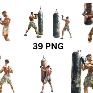 Entrenamiento de boxeo Clipart / 39 PNG Entrenamiento de boxeador digital con saco de boxeo, imágenes PNG individuales sobre fondo transparente, sublimación