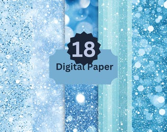 Blue Glitter Digital Paper, 18 Sparkling Snow Backgrounds, Frosty Winter Bokeh, Icy Shimmer Texture, Festive Holiday Scrapbook Design
