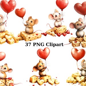 37 Ratones de San Valentín Acuarela Clipart, Animales Clipart, Imágenes PNG individuales sobre fondo transparente, sublimación