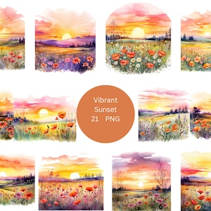 21 Vibrant Sunset Watercolor Clipart, Landscape Clipart, PNG individual images on transparent background, sublimation