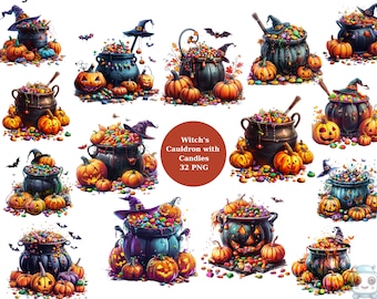Witch's cauldron with candies , Watercolor Clipart, Halloween Clipart, PNG individual images on transparent background, sublimation