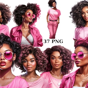 37 donne nere in rosa clipart, clipart di moda, donne di colore, singole immagini PNG su sfondo trasparente