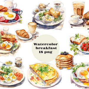 Imágenes prediseñadas de desayuno de acuarela, 18 archivos PNG de alta calidad, imágenes prediseñadas de alimentos, imágenes prediseñadas de tostadas de acuarela de alta resolución, 12x12, uso comercial