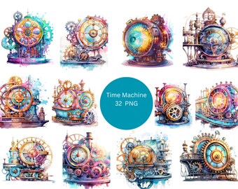 May include: A set of 32 watercolor illustrations of steampunk time machines. Each machine is unique and features intricate gears, cogs, and clockwork details. The illustrations are rendered in vibrant colors and have a whimsical, vintage aesthetic.