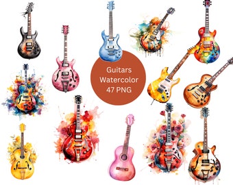 Watercolor Guitars Clipart, PNG digital files on transparent background, sublimation, commercial use