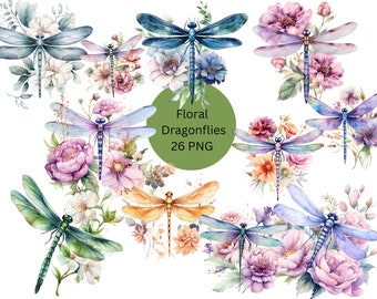 Watercolor Floral Dragonflies Clipart, PNG digital files on transparent background, sublimation, commercial use