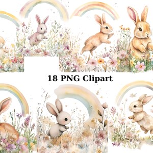 18 Spring Bunnies Watercolor Clipart, Bunny Clipart, PNG individual images on transparent background, sublimation