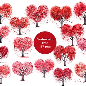 Árbol de amor de acuarela, día de San Valentín, gráficos clip art en PNG para uso comercial descarga instantánea Alta resolución, 12x12, uso comercial