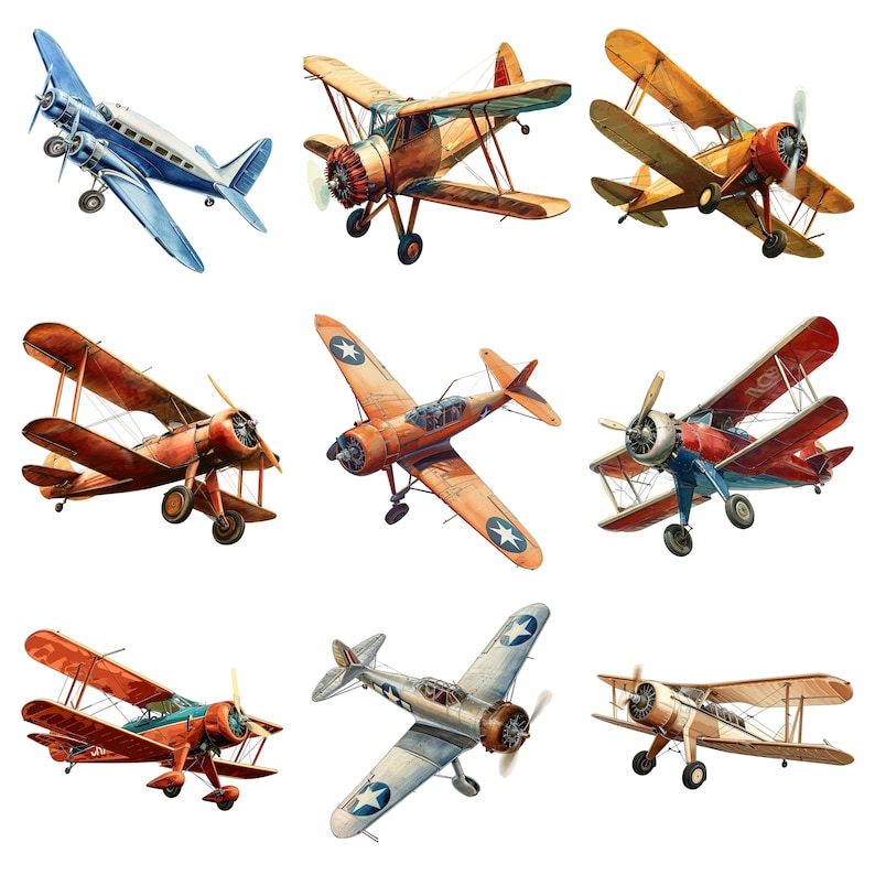 Op de afbeelding: Negen vintage vliegtuigen in verschillende kleuren en stijlen, waaronder rood, blauw en bruin, zijn afgebeeld tegen een witte achtergrond. De vliegtuigen zijn allemaal in de lucht, met hun vleugels wijd uitgespreid.