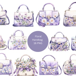 16 cliparts aquarelle de sacs à main floraux, clipart floral, images individuelles PNG sur fond transparent, sublimation