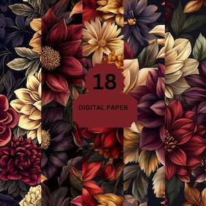 Carta digitale floreale scura – 18 sfondi floreali color bordeaux e oro per scrapbooking, matrimoni, artigianato e diari