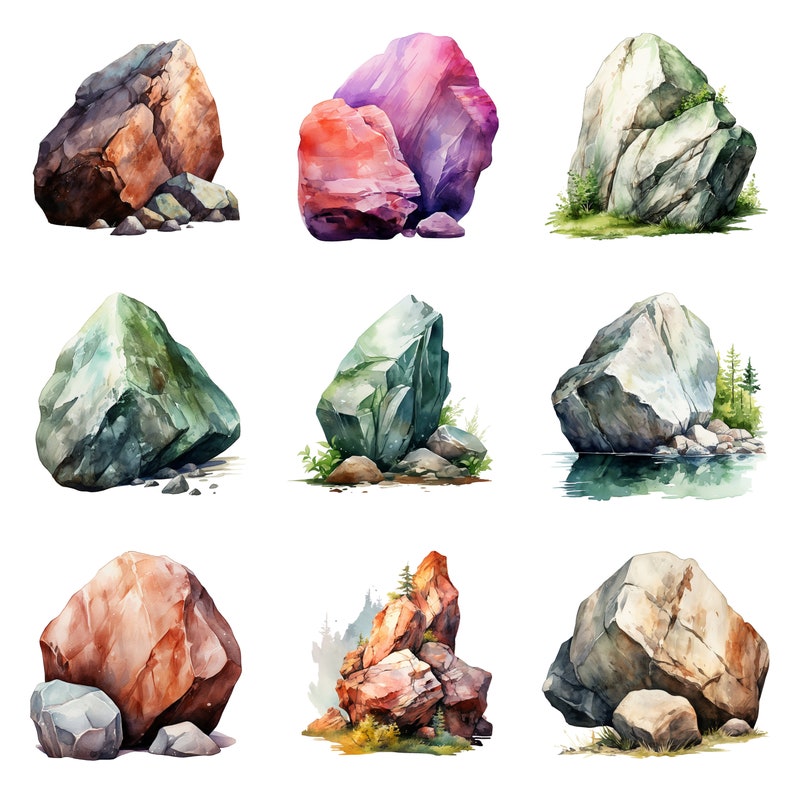 Watercolor Rocks Clipart, PNG Digital Files on Transparent Background ...