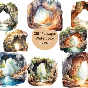 Aquarell Cliff Passages Clipart, PNG digitale Dateien auf transparentem Hintergrund, Sublimation, kommerzielle Nutzung