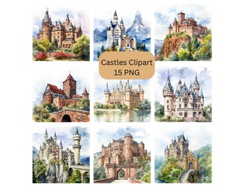 Watercolor Castles Clipart, Realistic Castles PNG, digital files on transparent background, sublimation, commercial use