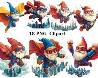 18 Gnome Superheroes Watercolor Clipart, Gnome Clipart, PNG individual images on transparent background, sublimation