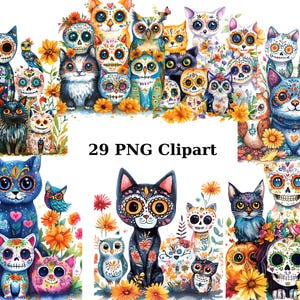 Le 29 jour des morts animaux aquarelle Clipart, clipart le jour des morts, images individuelles PNG sur fond transparent, sublimation