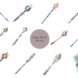 26 Zauberstäbe Aquarell Clipart, Fantasy Clipart, PNG einzelne Bilder auf transparentem Hintergrund, Sublimation