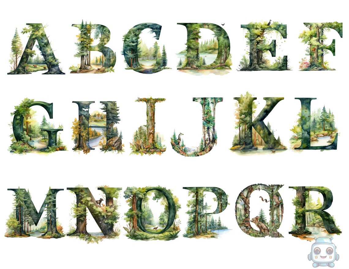 Watercolor Forest Alphabet Clipart, PNG Individual Images on ...